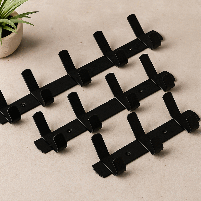 A photo of black TIDLO 201 rounded hangers, with 3 sizes appearing in the photo: 10, 8, and 6 hangers.