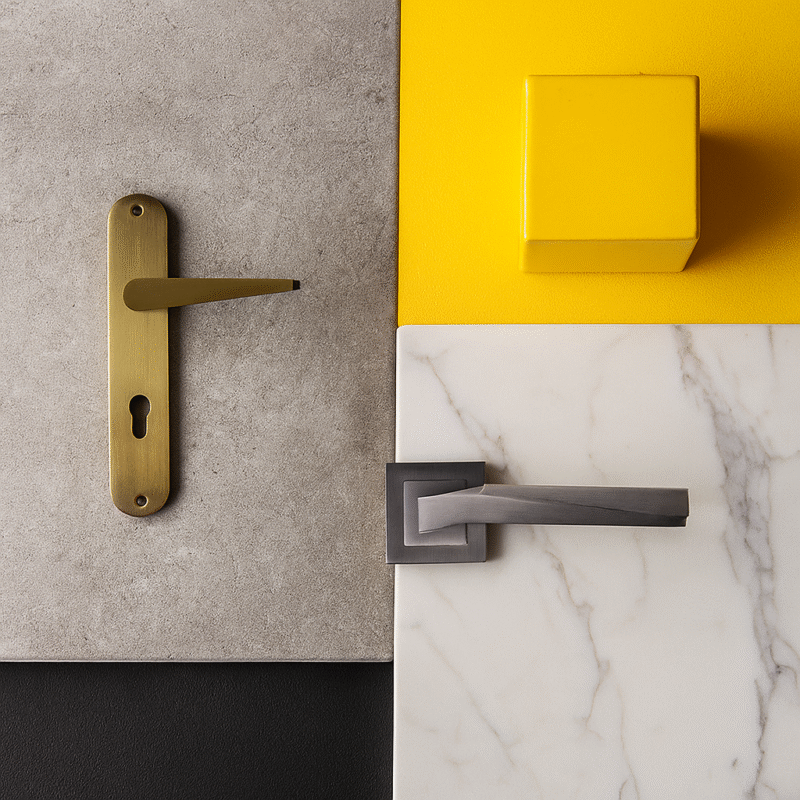 Lever Handle; backplate gold TIDLO 504, and silver rosette KEPA 501