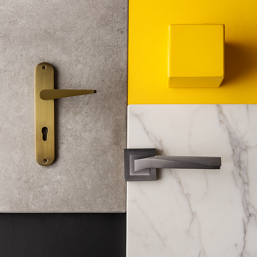 Lever Handle; backplate gold TIDLO 504, and silver rosette KEPA 501