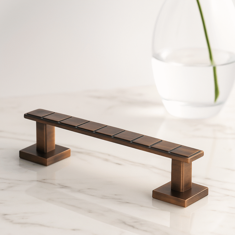 A photo of red oxide TIDLO 98 placed on a light marble surface with a small transparent plant pot in the background