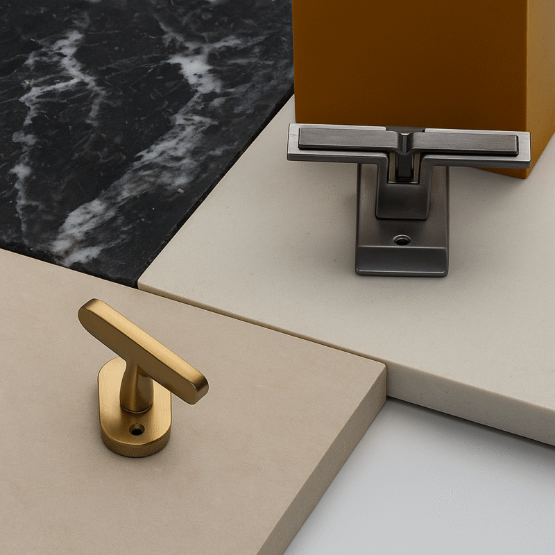 A photo of the silver/grey JOVI 630 window handle and the sheen gold TIDLO 509. Placed as the window handles category thumbnail