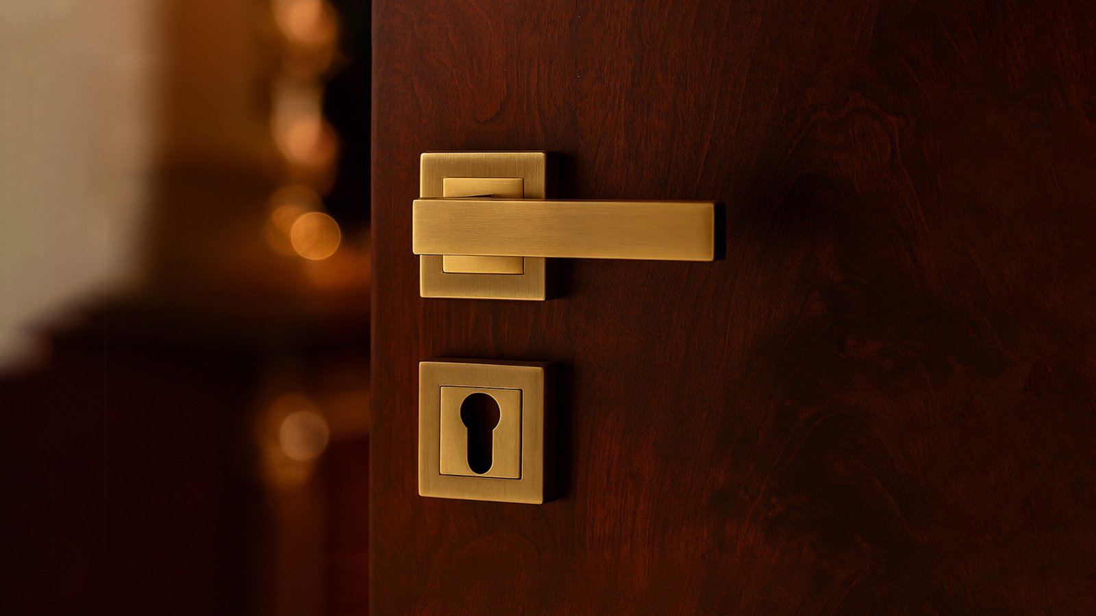 Satin Sheen Gold KEPA 505 rosette handle placed on a mahogany door