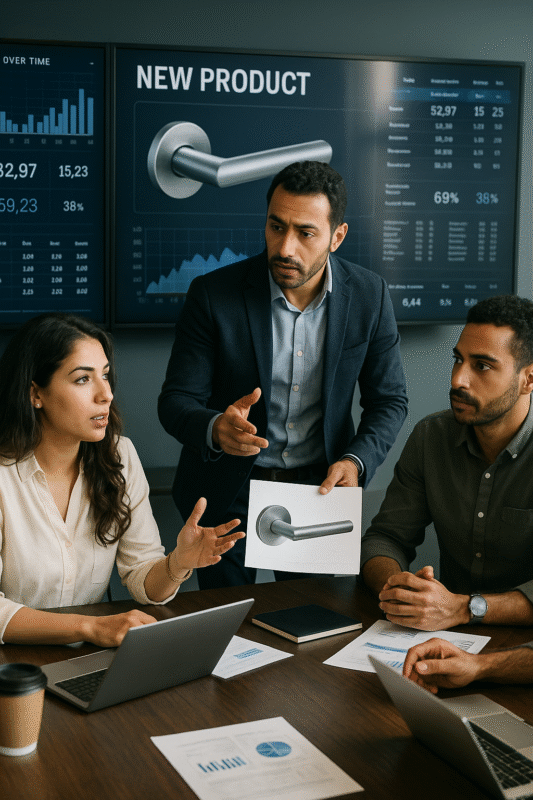 3 employees in a meeting discussing launching a new product