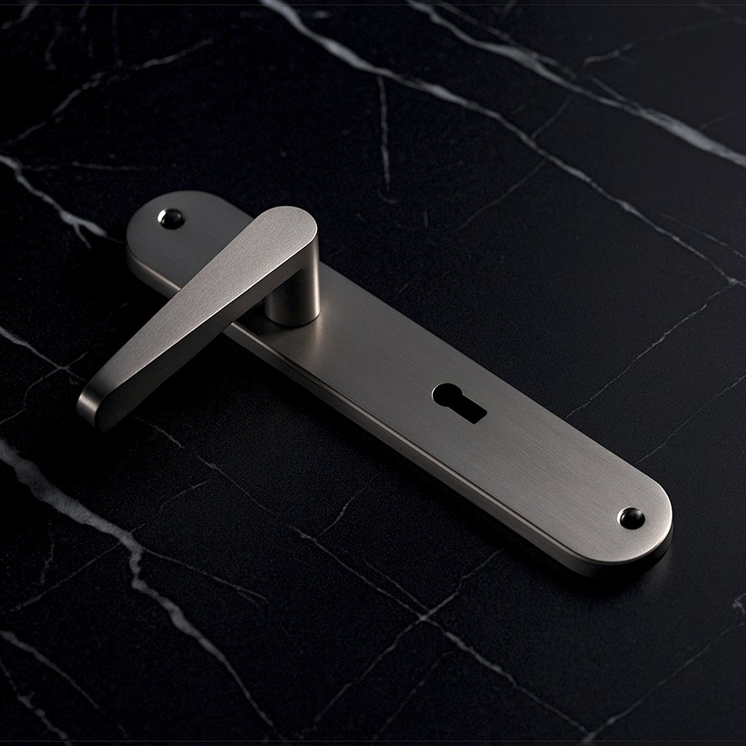504-Backplate-Thumbnail TIDLO 504 silver backplate bathroom door handle placed on a black marble surface