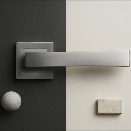 KEPA 508 silver rosette door handle placed on a half black half white surface