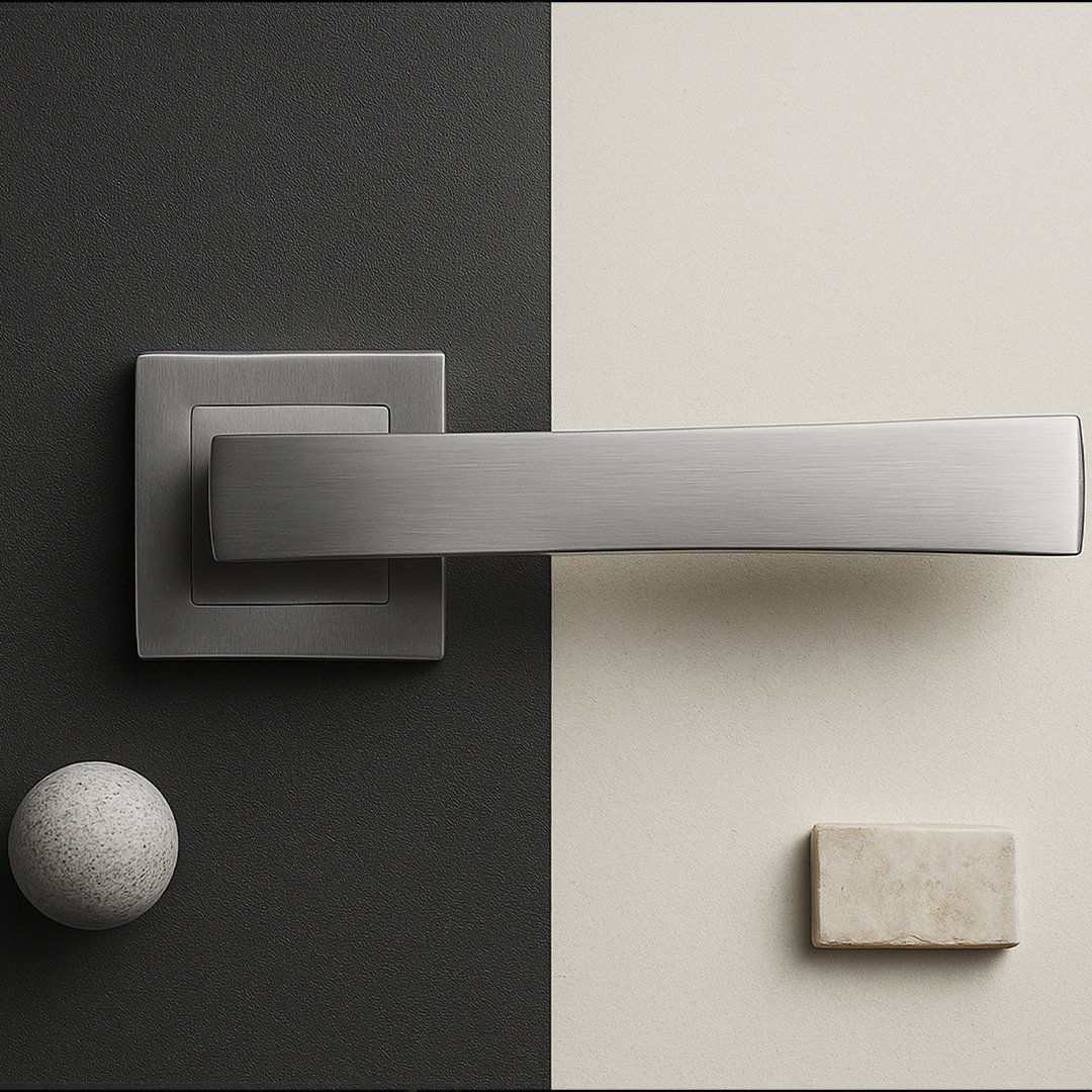 KEPA-508 KEPA 508 silver rosette door handle placed on a half black half white surface