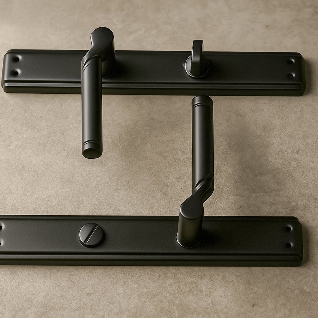 SQIEK-551---Thumbnail SQIEK 551 Black backplate Bathroom Handle set place on a marble surface