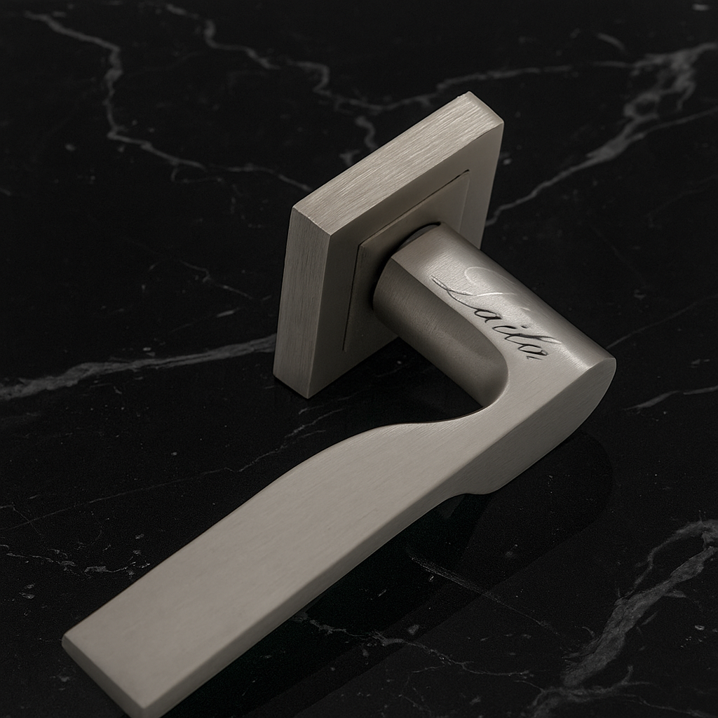 KEPA 502 silver rosette handle with the name Laila engraved. Placed on a black marble surface KEPA 502 silver rosette handle with the name Laila engraved. Placed on a black marble surface