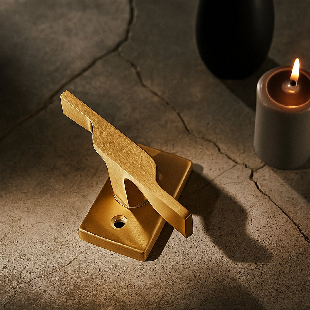 502-gold TIDLO 502 gold window handle placed on a concrete surface and behind it a candle