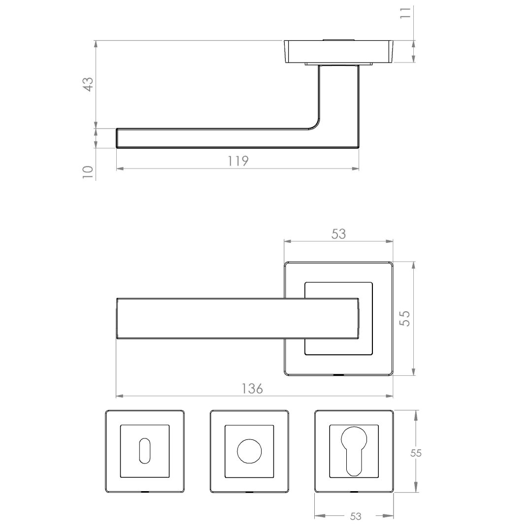KEPA-(505)-Outline KEPA 505 rosette handle Outline drawing with the rosette size