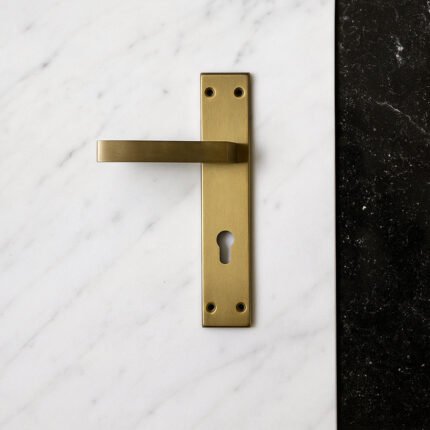 TIDLO 505 backplate Gold cylinder door handle placed on a white marble surface